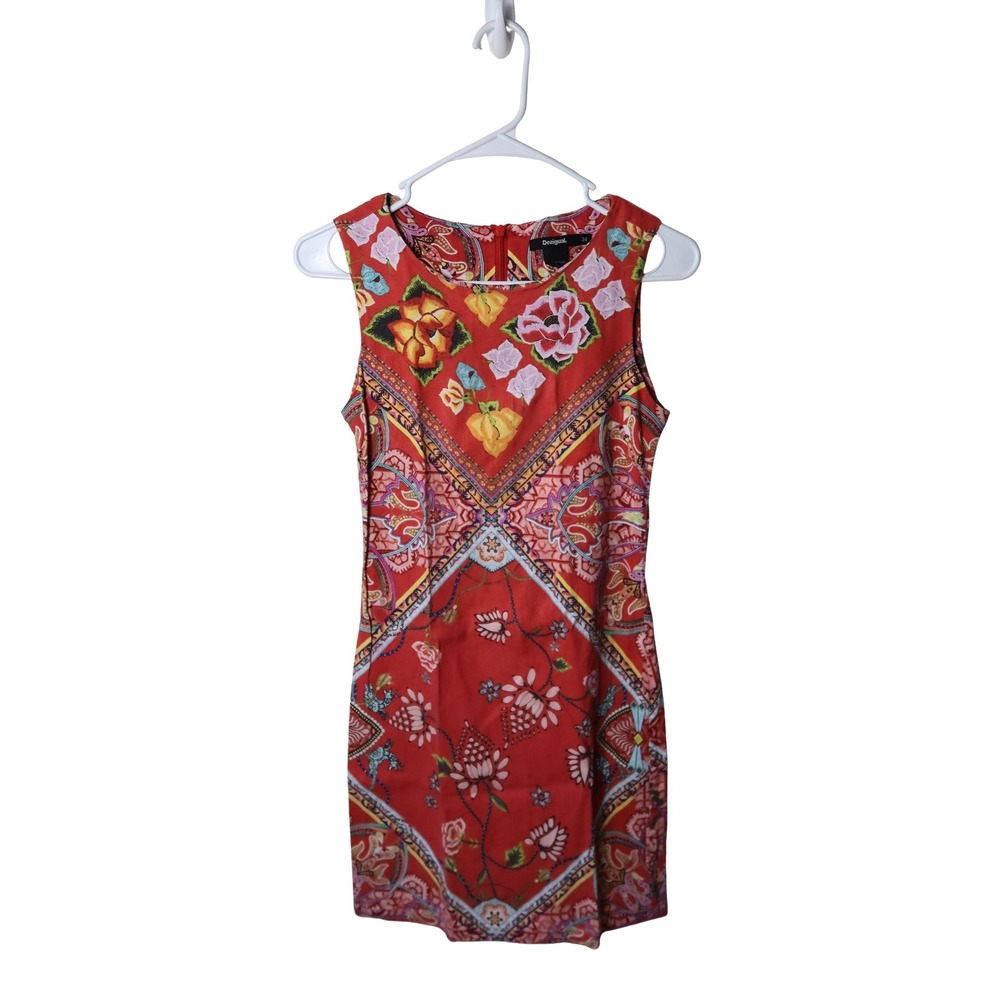 Desigual Red Floral Scarf Print Sleeveless Mini Dress Size 34 Boho Sheath